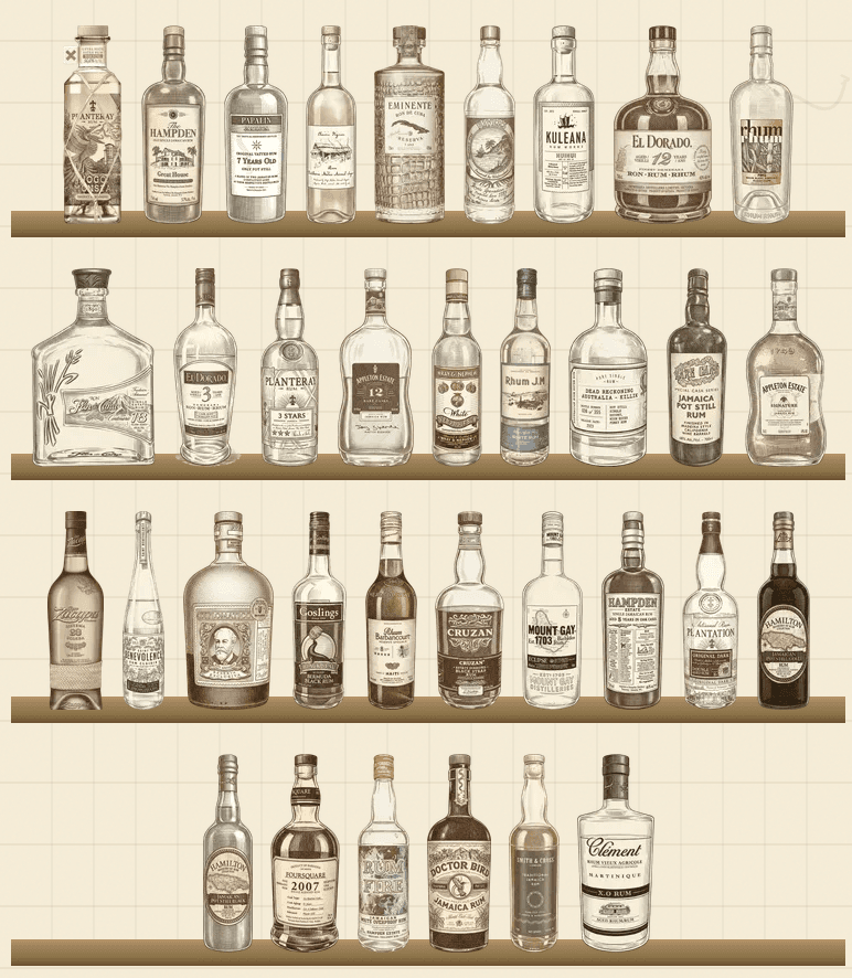 A rum shelf showing collected bottles